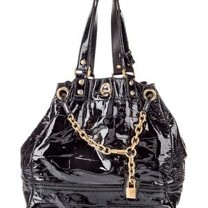 Yves Saint Laurent YSL Handbag Croc Embossed Black Patent Leather Chain Lock